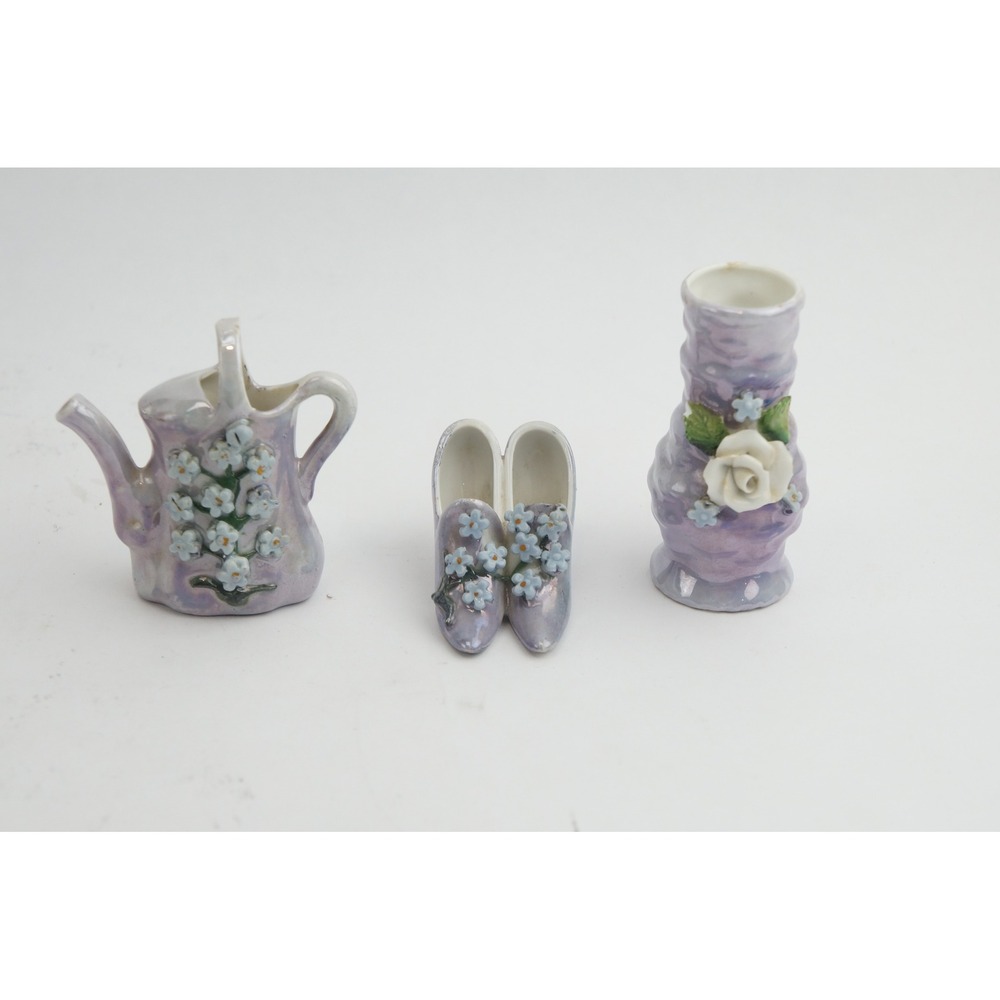 EUC German Lusterware Porcelain Set Purple Iridescent Floral Shoes Pitcher Vase